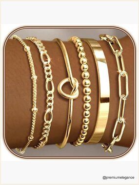 Gold Plated Bangle Bracelet Set - 6 Layer Stackable Cuff Chain Bracelets